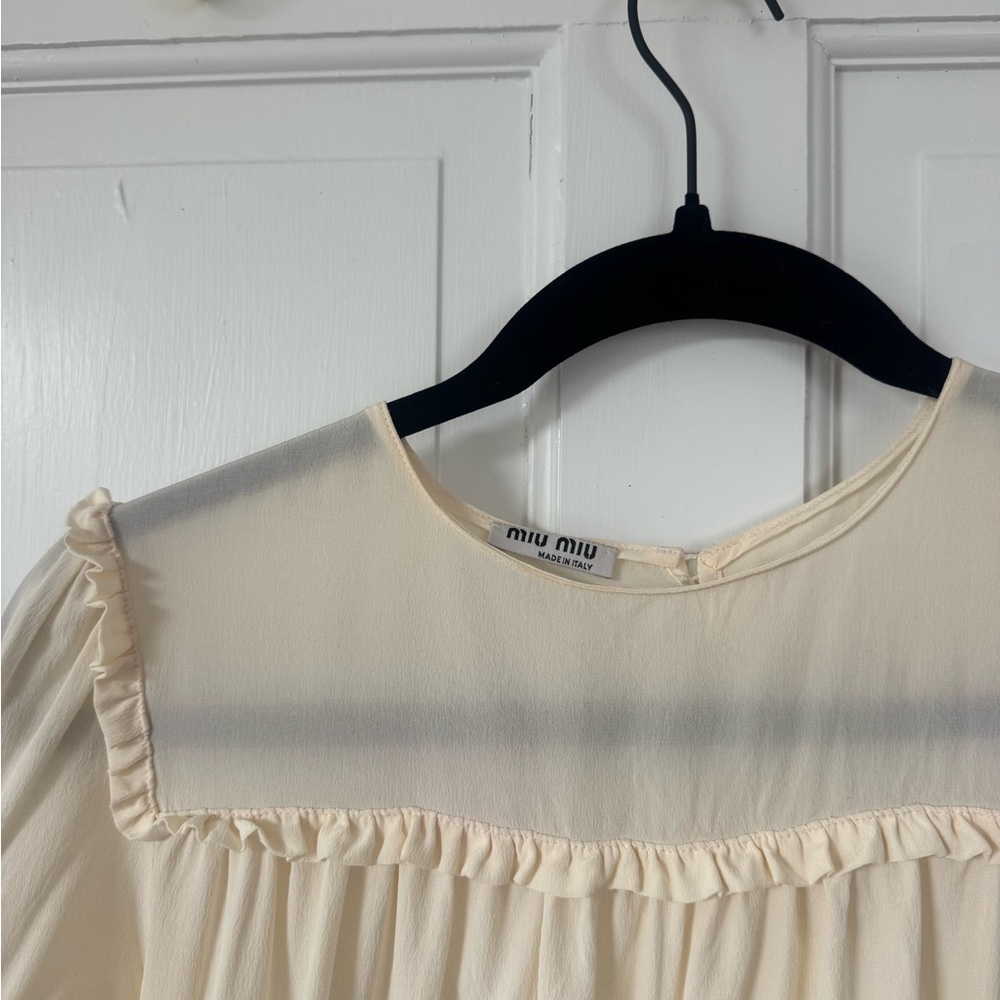 Miu Miu Cream Ruffle Yoke Short Sleeve Blouse - Picture 2 of 7